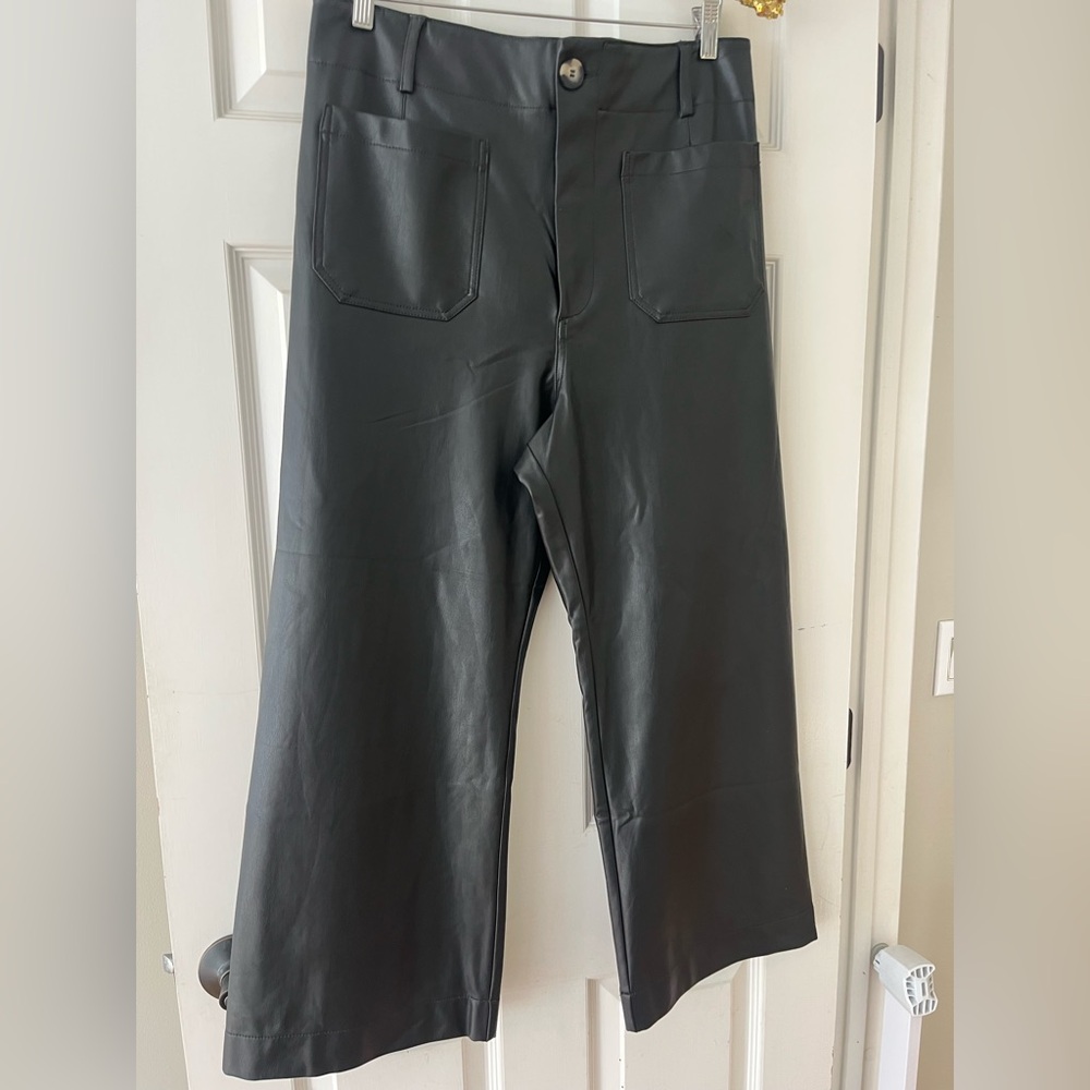 Maeve Anthropologie Colette Black Cropped Faux Leather Wide Leg Pants Sz 32 - Picture 4 of 11